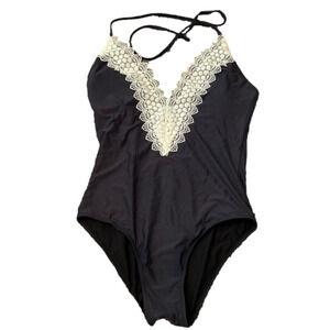 Sea Angel Black Tie Neck Lace Trim One Piece Swimsuit